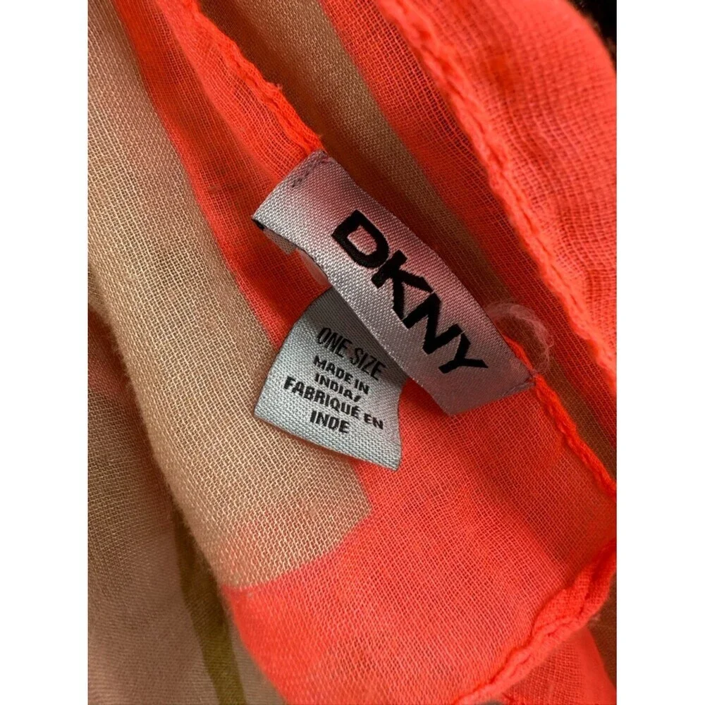 DKNY scarf scarve wrap bright orange Neon Coral and Beige Floral Stripe Scarf